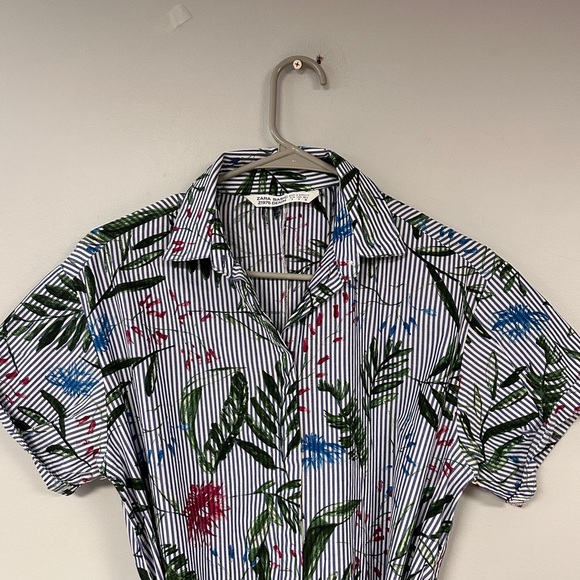 ZARA Basic Denim Blue Floral Striped Button Front, Belted Short Sleeve Dress,  S - Picture 9 of 10